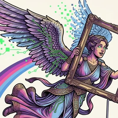 Mensajera alada saliendo de un marco vacio sobre un arcoiris