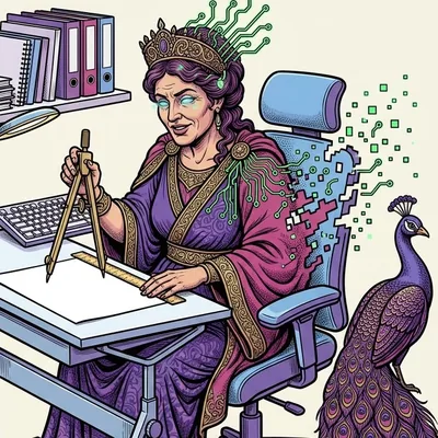 Reina con corona ante una mesa de dibujo, con un pavo real cuya cola tiene ojos