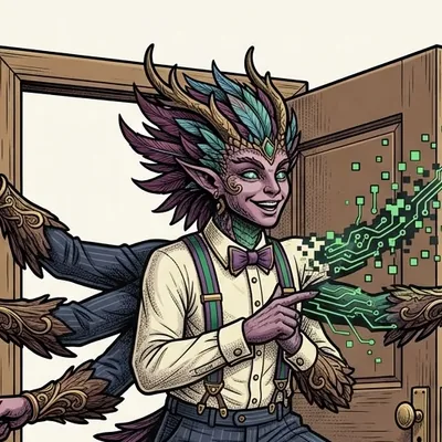 Duende de tirantes en el umbral de una puerta, repartiendo trabajo con las dos manos