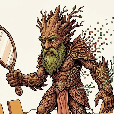 Arbol-guardian de rostro tallado sosteniendo un espejo orientado hacia fuera