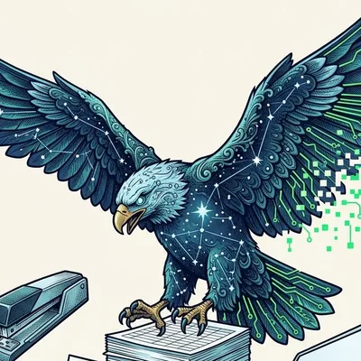 Aguila de plumaje estrellado posandose sobre una pila de documentos